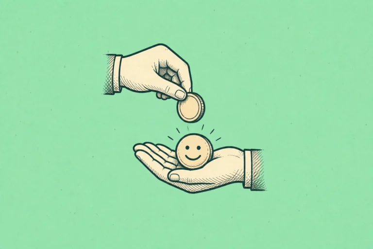 Hand trading a coin for a smiley-face badge, representing the career cost of being liked at work