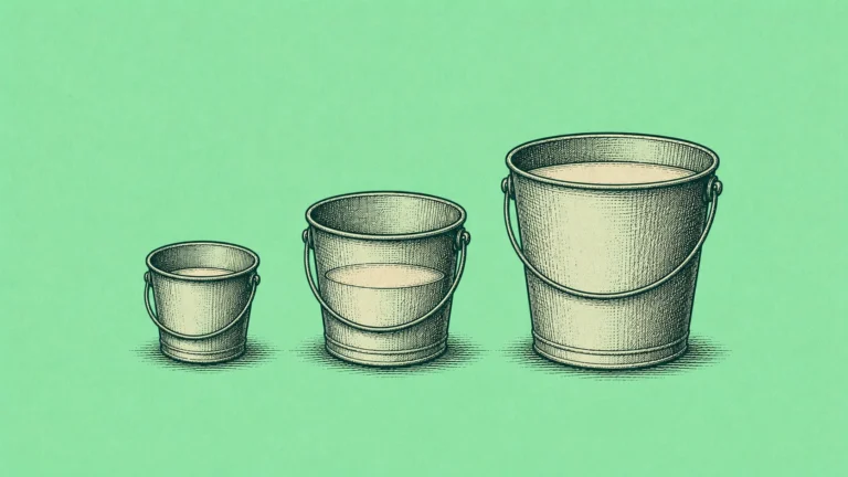 Three buckets of different sizes in a row, each filled to a different level — representing the three-bucket cash allocation framework for emergency funds, near-term goals, and surplus