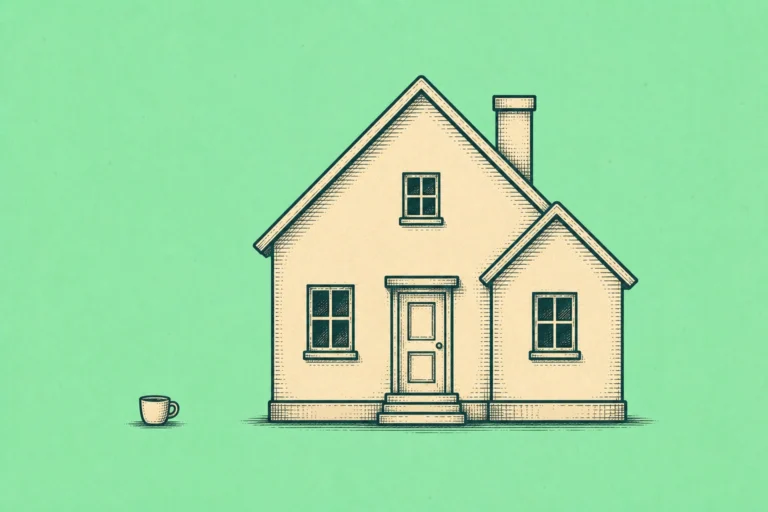 Small coffee cup beside a large house outline — illustrating the disproportionate focus on discretionary spending versus fixed housing costs in budgeting advice