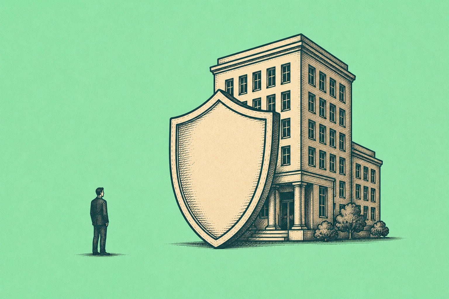 Corporate building protected by a shield with an employee figure standing outside it — representing HR's primary role as company risk management rather than employee advocacy