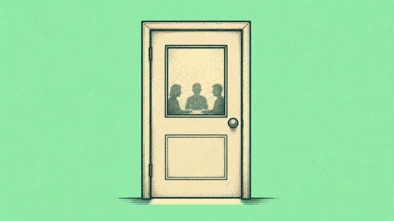 Closed meeting room door with silhouettes inside representing the salary calibration meeting that happens without you