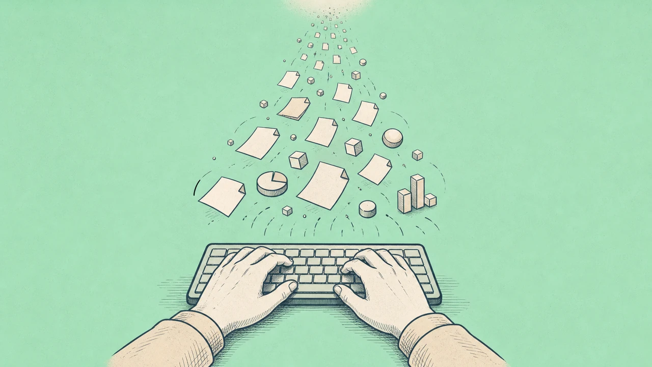 A hand typing at a keyboard with documents floating upward toward an unseen container — representing how AI tool conversations leave the device and are stored by providers
