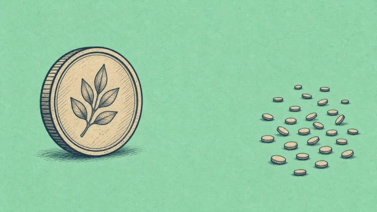 A large single coin on the left shrinking into a scattered pile of smaller coins on the right — illustrating how compounding AUM fees reduce long-term portfolio value far beyond the stated percentage