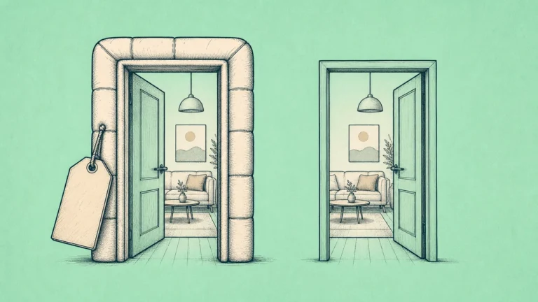 Two doors side by side — one appearing sturdier and safer with a heavier price tag, the other simpler — representing how PPO plans feel safer but cost more for generally healthy people