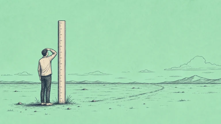 A figure measuring against a ruler while the real horizon stretches behind them — representing how net worth benchmarks by age measure the wrong thing relative to actual financial security