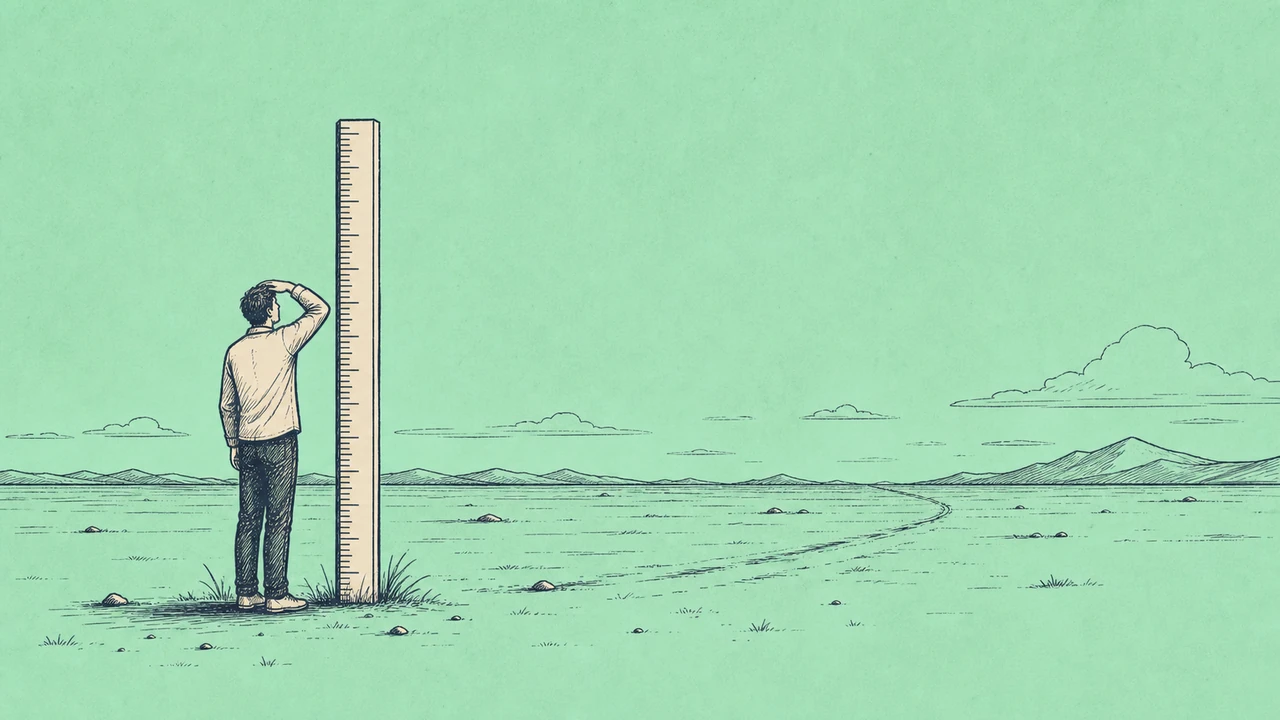 A figure measuring against a ruler while the real horizon stretches behind them — representing how net worth benchmarks by age measure the wrong thing relative to actual financial security
