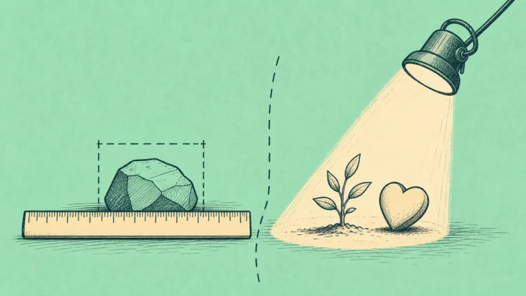 A ruler measuring one area while a spotlight illuminates a different area — representing how performance reviews measure visibility and perception as much as actual output